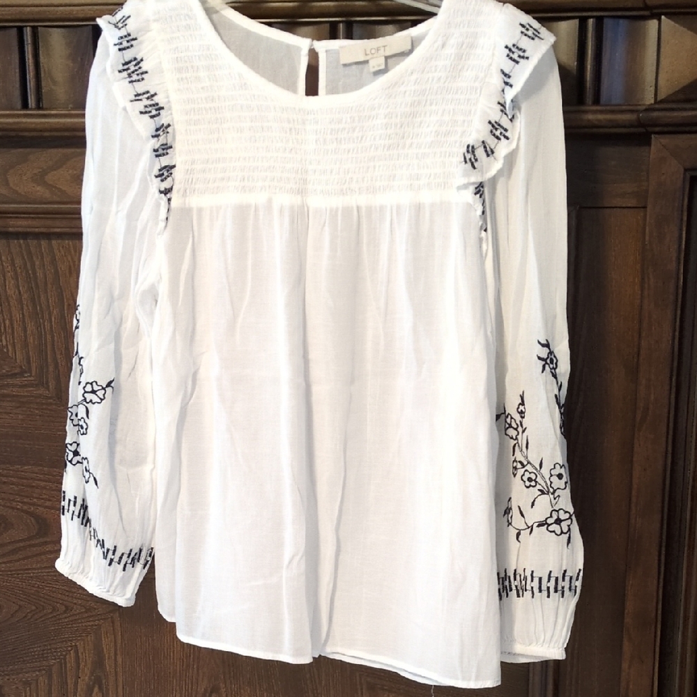 LOFT White Blouse with Navy Floral Embroidery